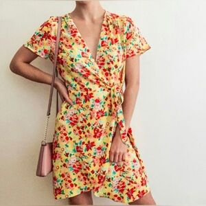 J. Crew Yellow Floral Wrap Dress 8 Red Pink Green Flower Print Mini Dress